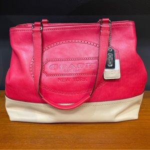 Coach Hampton Zip Tote leather shoulder bag, pink/ tan color, #19391 Red/Pink